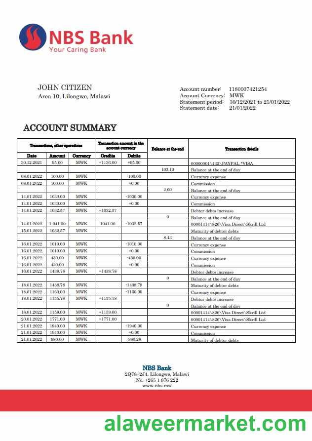 Malawi NBS bank statement